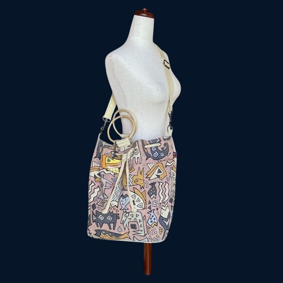 Laurel Burch Canvas Shoulder Tote BUcket Bag Purse Tribal Animal Bamboo Handle - Picture 3 of 9